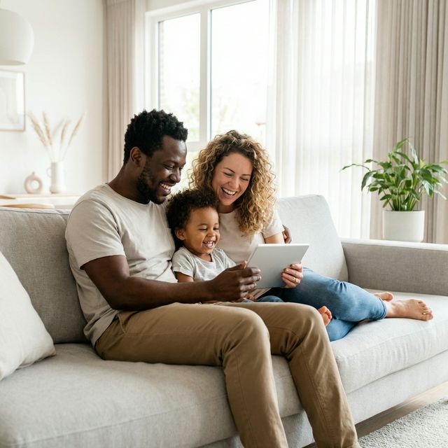 Familia feliz usando internet